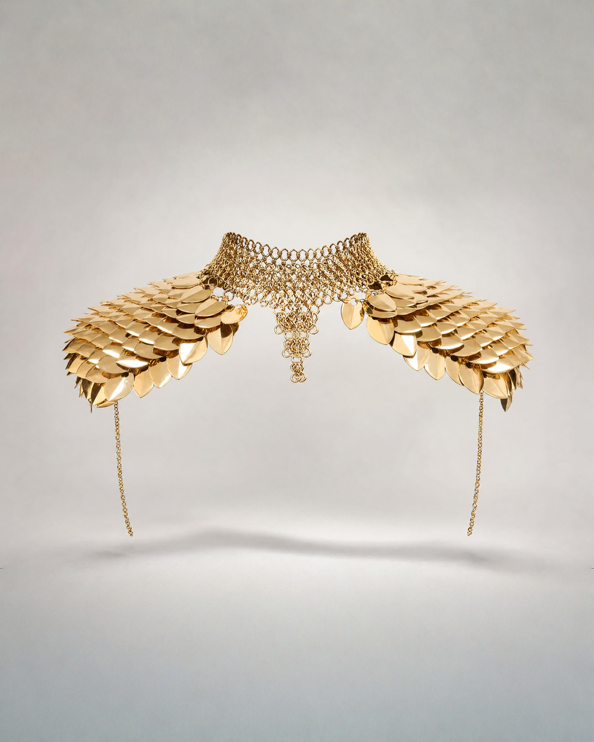 Gold metal shoulder armor body jewelry with overlapping scales, chainmail choker, and draped side chains.