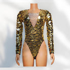Mirror Rhinestone Bodysuit with gold mirror and rhinestone details for a dazzling look.