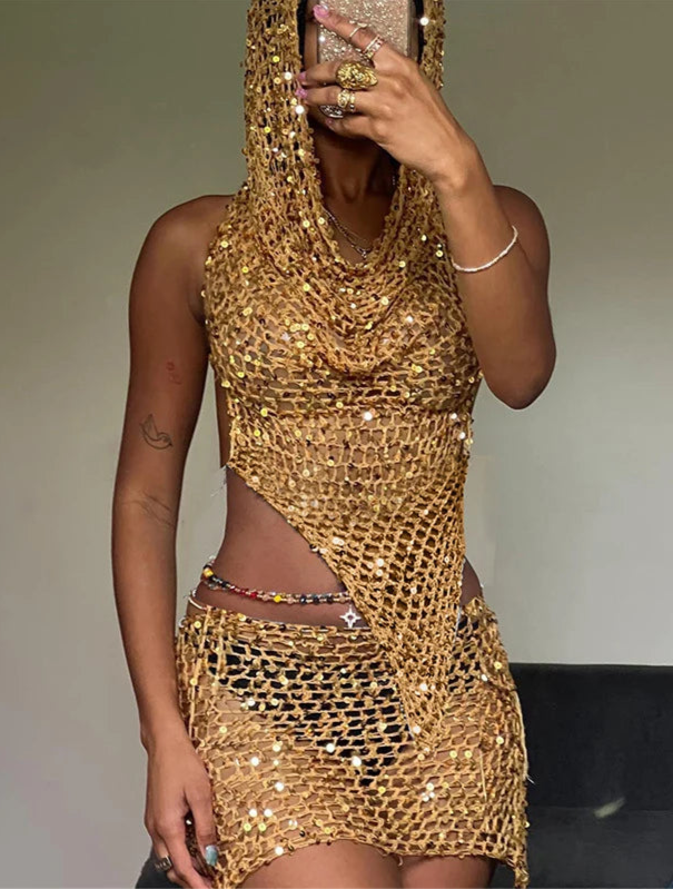 Gold Knit Sequin Hooded Crop Top & Mini Skirt