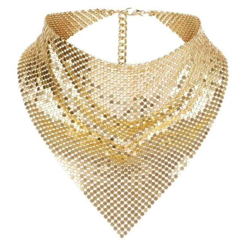 Gold liquid metal mesh scarf with a triangular bib drape and adjustable chain closure.