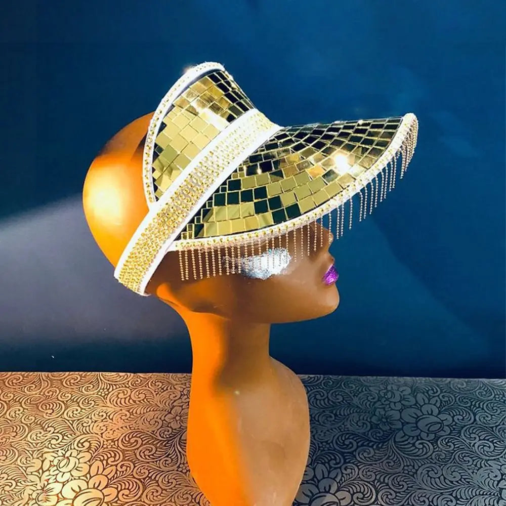 Gold Mirror Disco Ball Visor Hat with Tassels