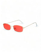 Skinny Narrow Rectangular Sunglasses with red lenses and metal frame for a chic look.
