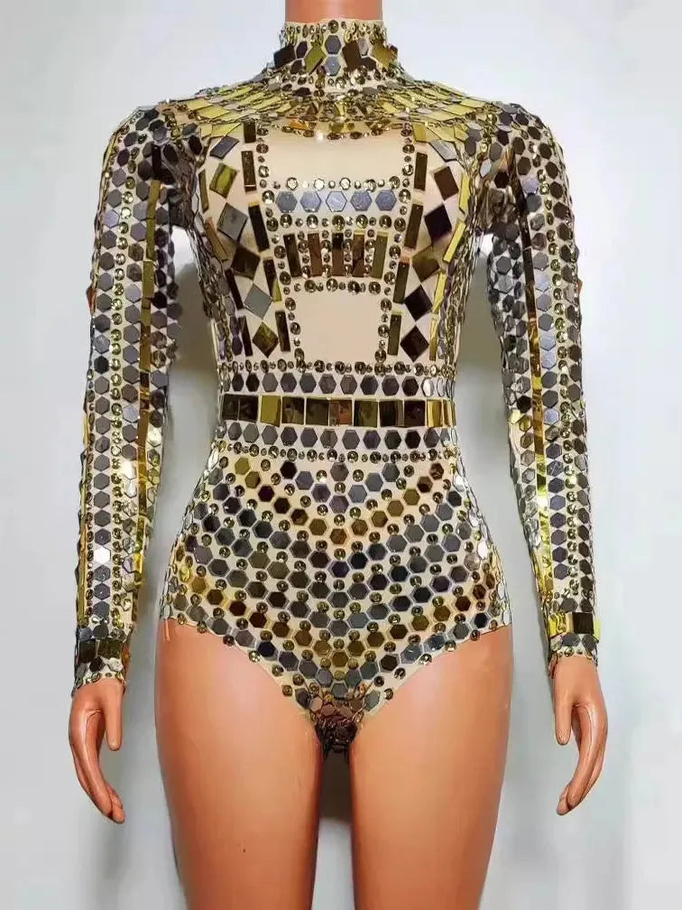 gold sequin bodysuit front-view full-body sparkle with shimmering sequins