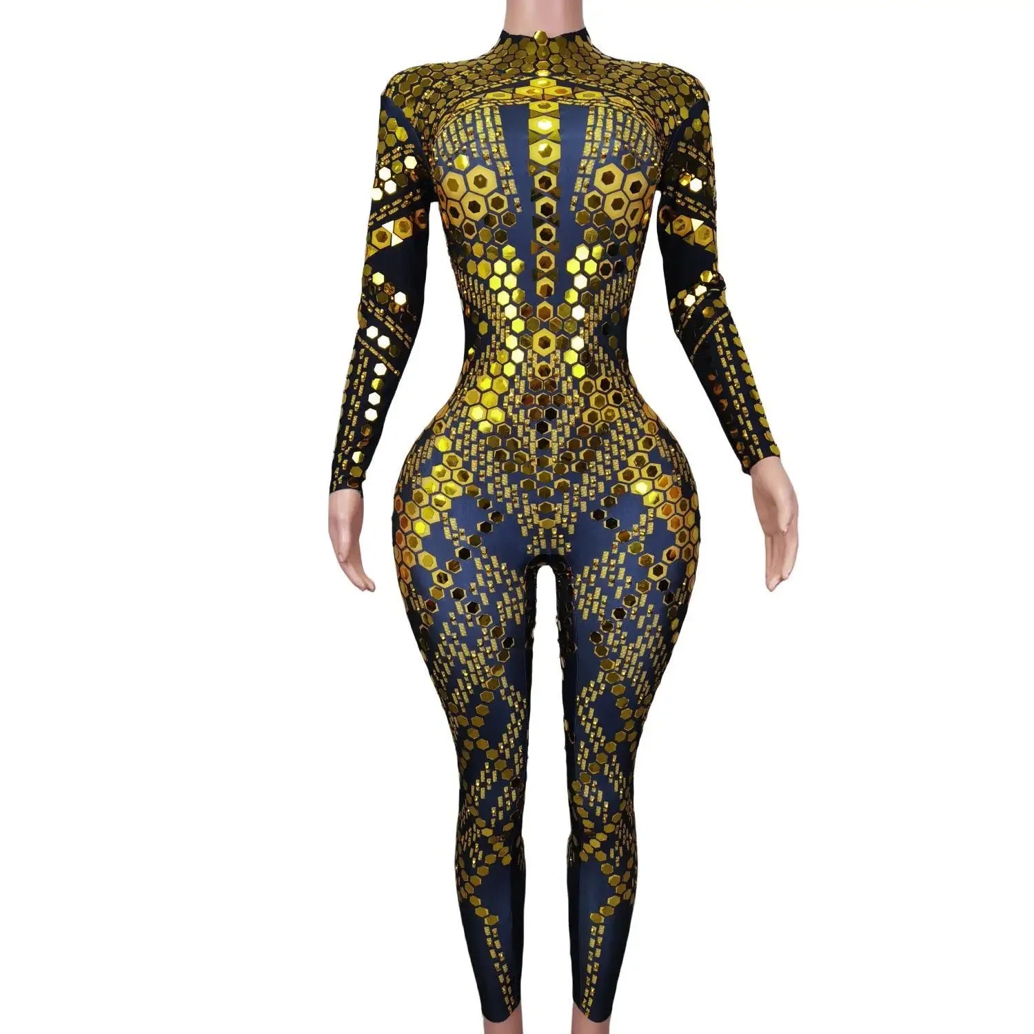 full-shot gold sequin jumpsuit one piece with intricate pattern and snug fit