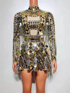 Gold sequin party dress with long sleeves and a high neck, featuring a geometric pattern.