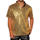 Men's gold sequin short-sleeve polo shirt with a black collar and quarter-button placket.