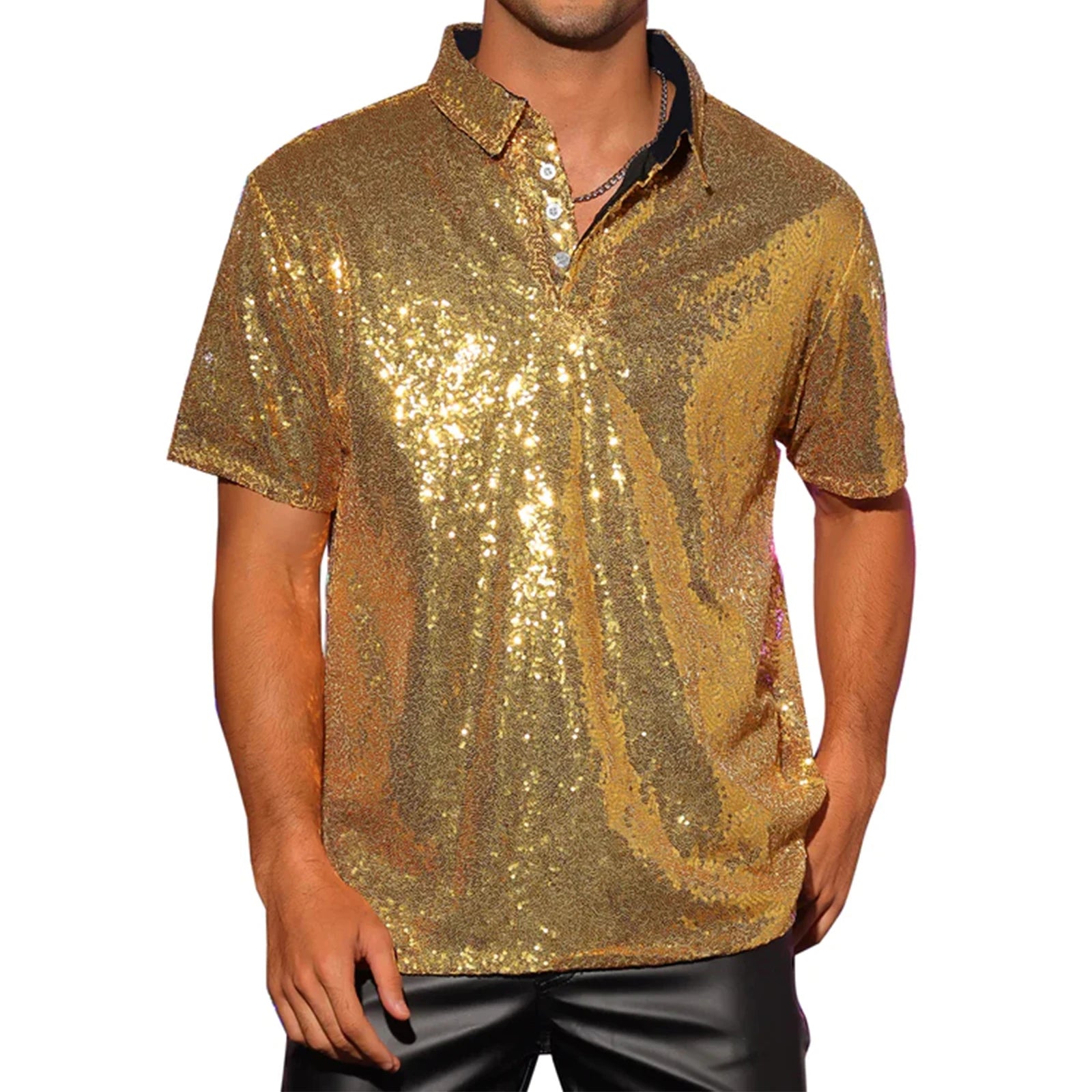 Men's gold sequin short-sleeve polo shirt with a black collar and quarter-button placket.