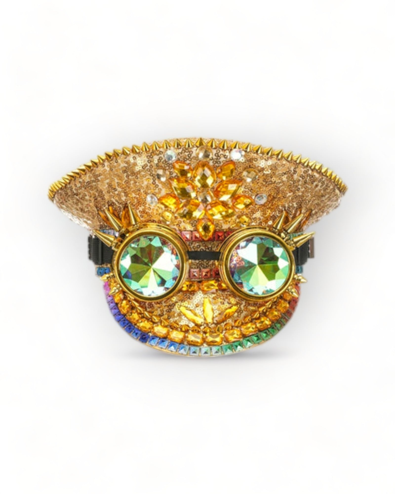 Gold Stones Military Hat with Rhinestones and Kaledoiscope Sunglasses