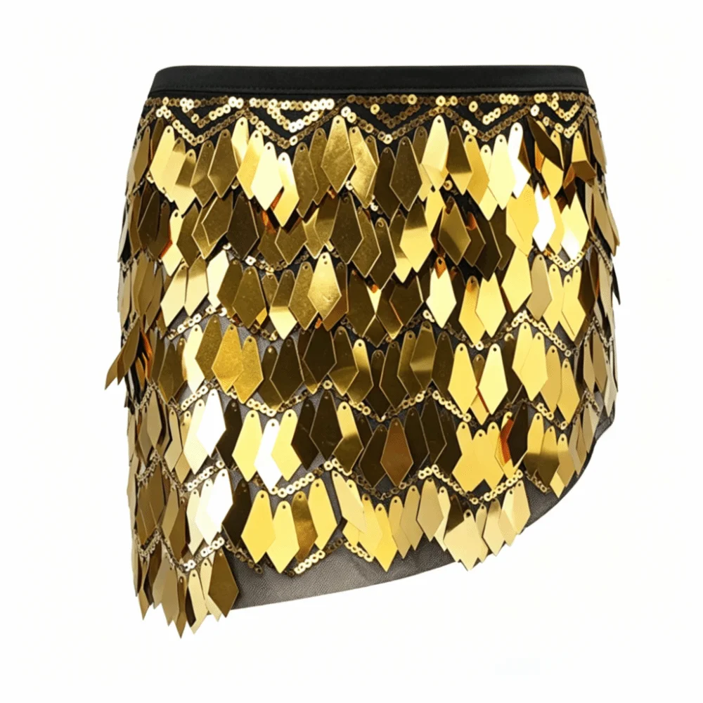 Gold sequin mini skirt featuring diamond-shaped metallic scales, a black elastic waistband, and delicate chain detailing.