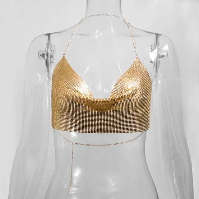 gold Metal Sequin Backless Crop