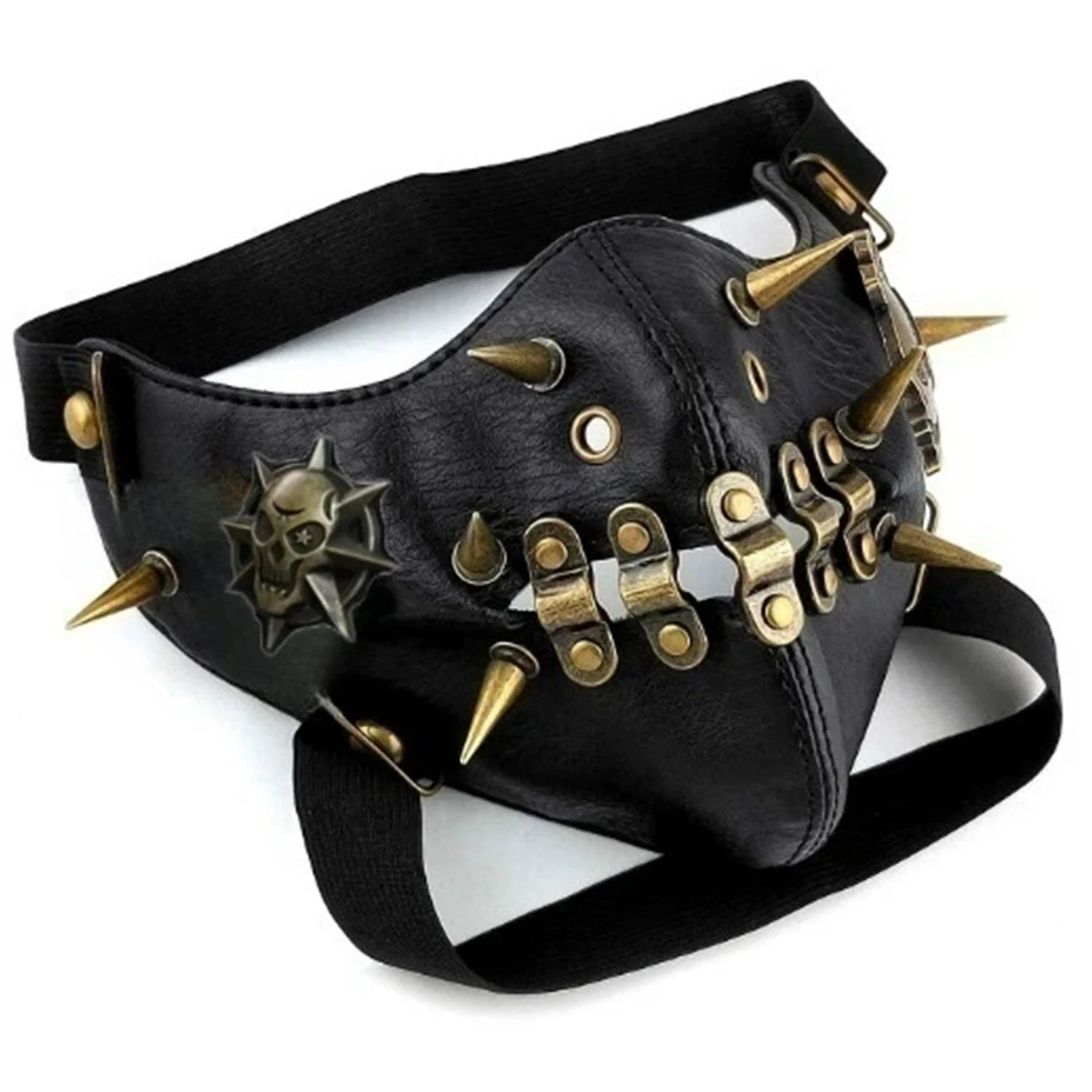 leather steampunk face mask close-up black leather with spikes and metal details