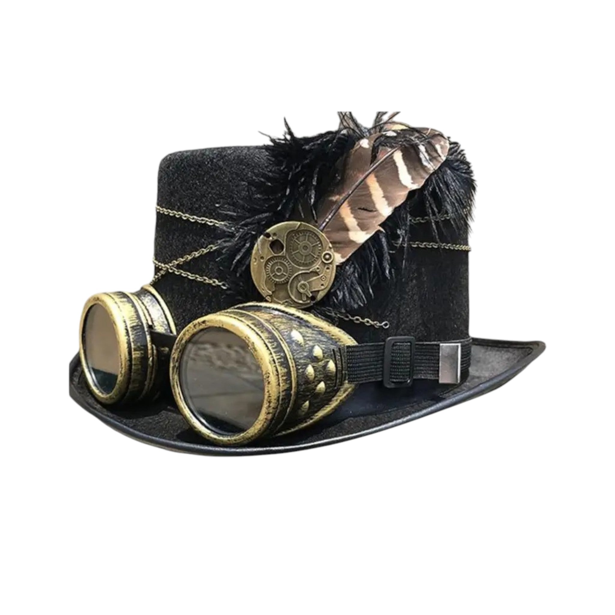 Gothic Steampunk Top Hat with goggles, feather, and vintage detailing for bold festival fashion.