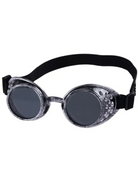 Vintage steampunk goggles with distressed silver metallic frames, dark lenses, and a black elastic strap.