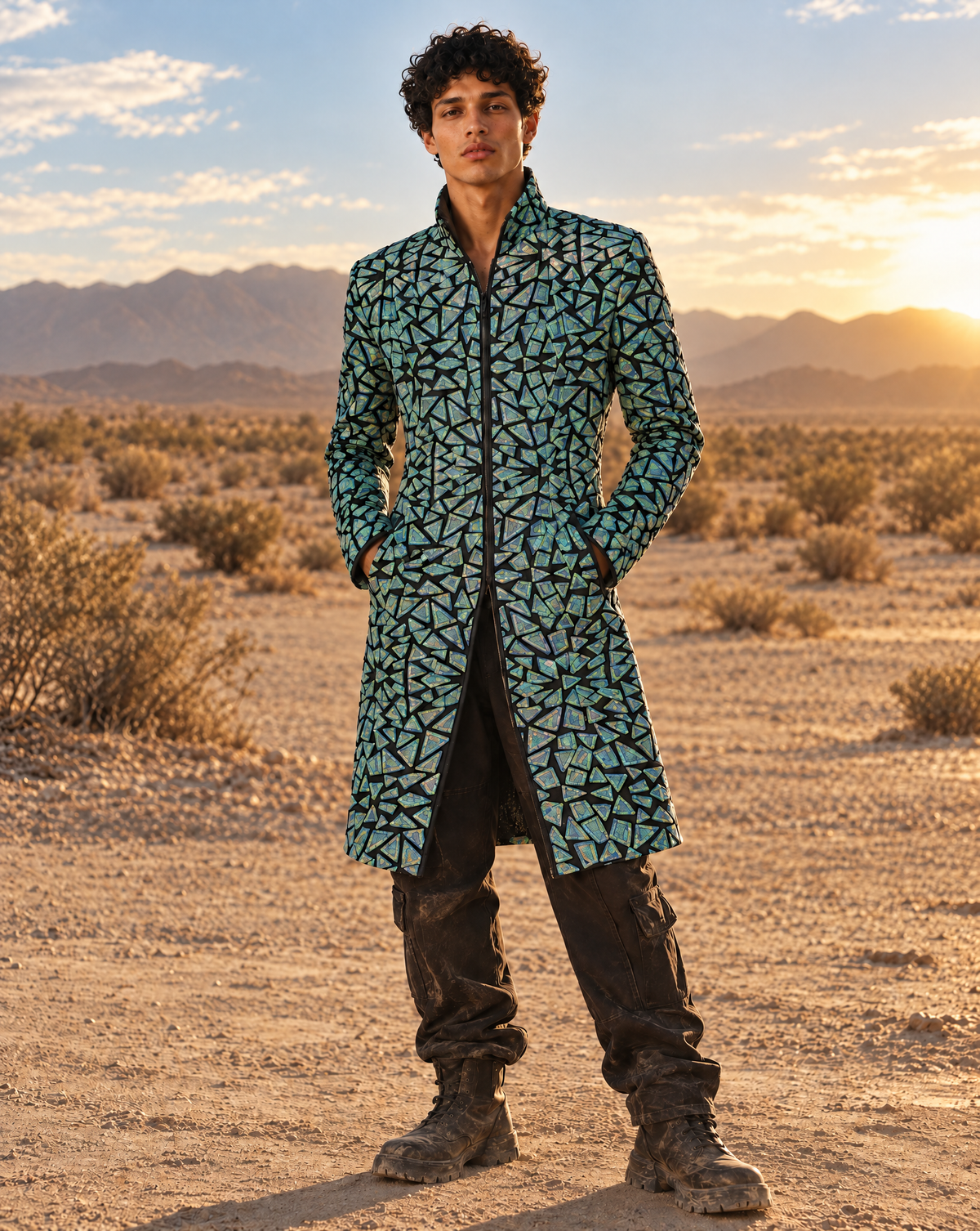 Model wearing a structured green velvet jacket featuring geometric mirror panels and a high collar in a desert setting.