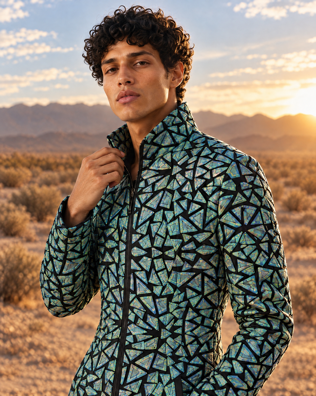 Model wearing a deep green velvet jacket featuring geometric holographic mirror panels and a structured high collar.
