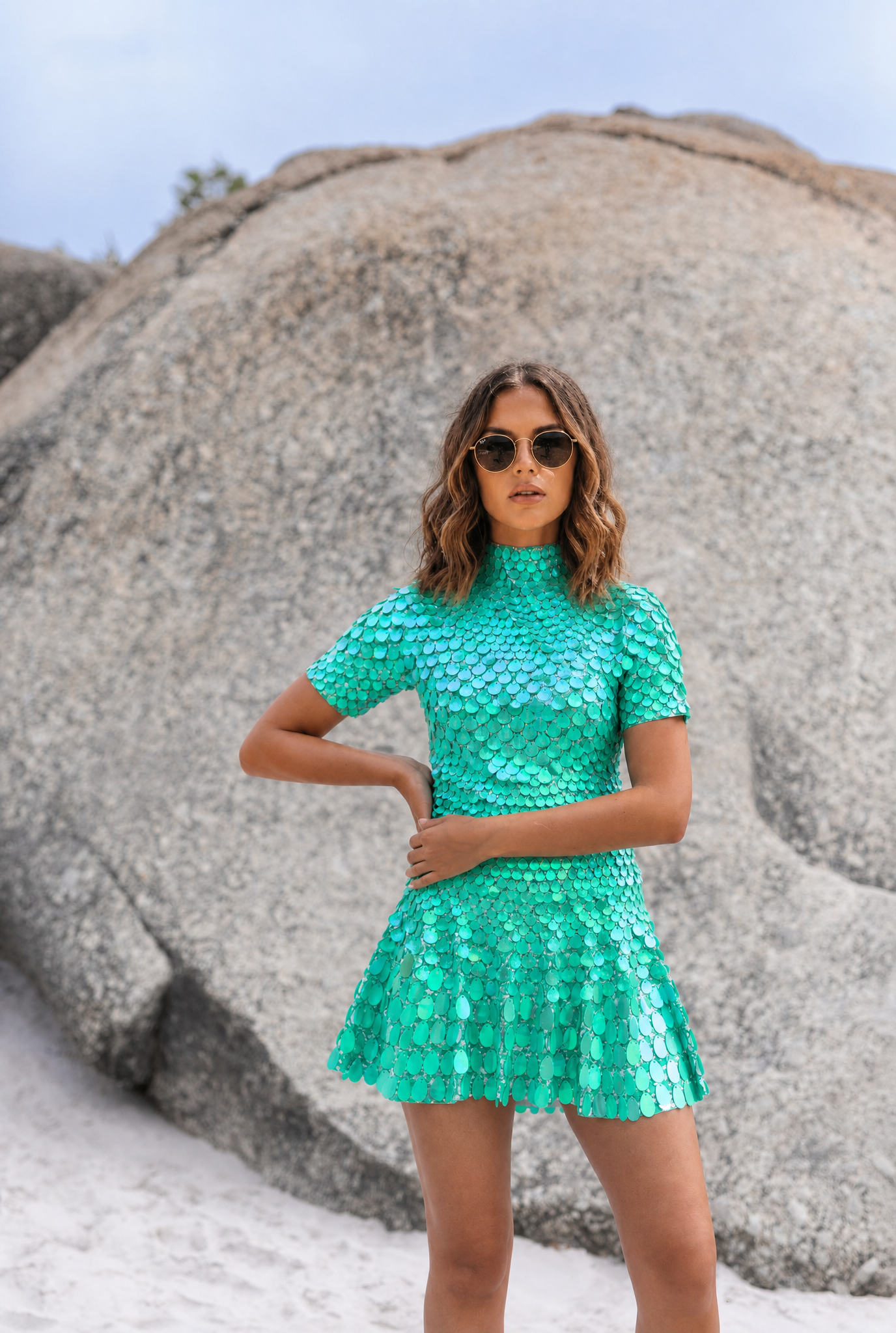 Olivia Light Green Metallic Sequin Party Dress with turtleneck, short sleeves, and flared skirt.
