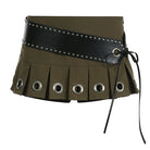 Green Rave Mini Skirt with unique cut, black belt, and eye-catching grommet details for festival style.