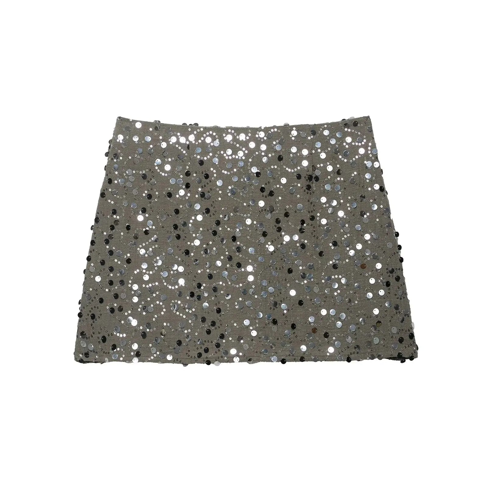 Green sequin crossover mini skirt with a stretch spandex base and all-over shimmer.