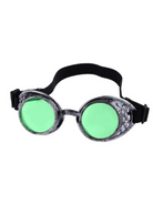 Vintage steampunk goggles with distressed silver metallic frames, bright green lenses, and a black adjustable elastic strap.