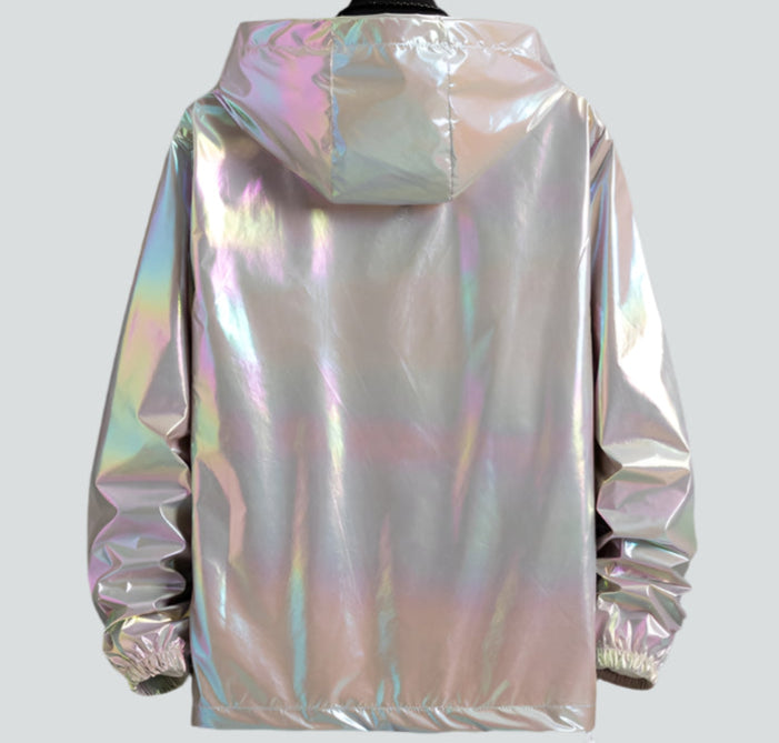 Men's Grey Holographic Reflective Hooded Jacket back view with shiny material.