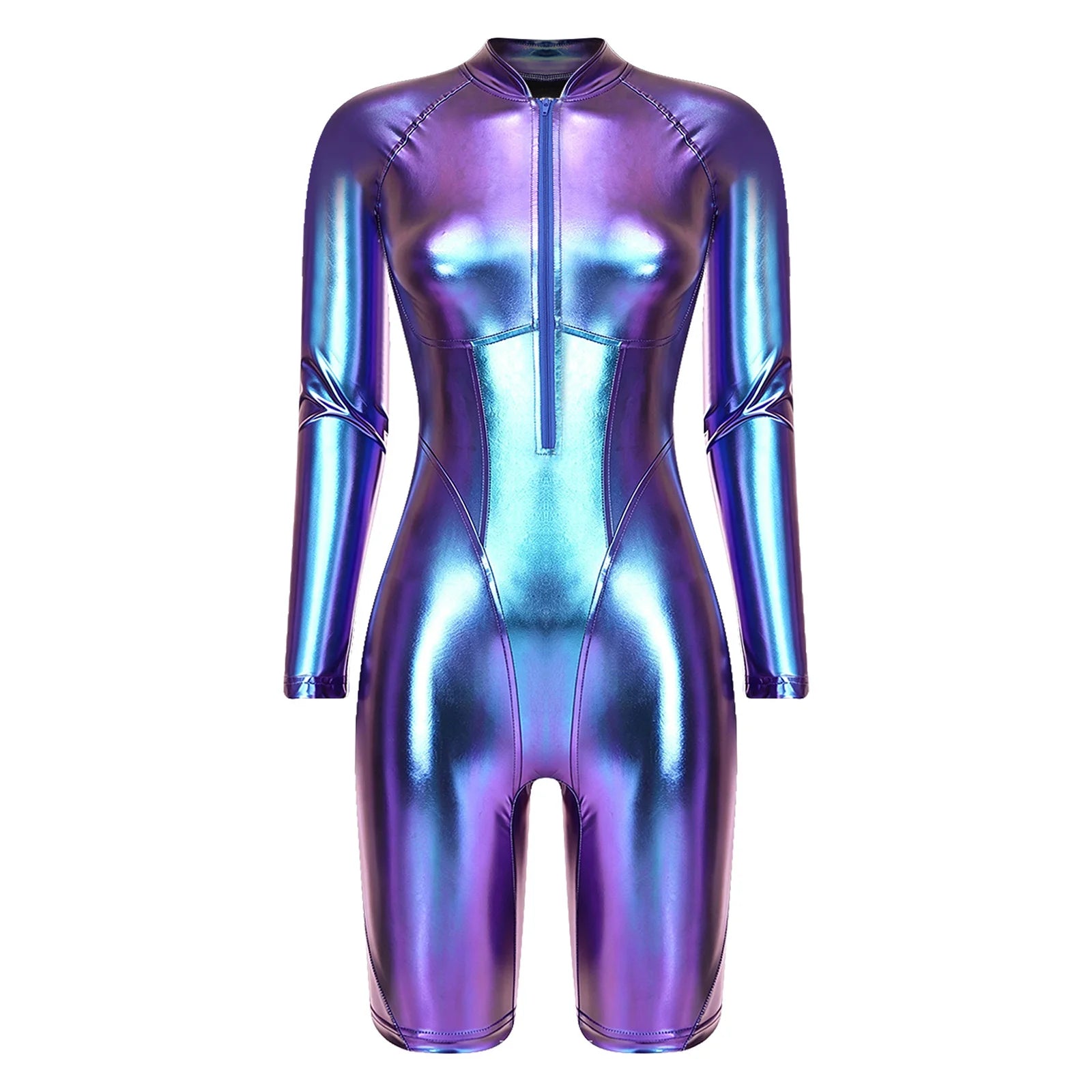 Metallic purple and blue faux leather bodysuit with a high-shine finish, long sleeves, and a front zipper closure.