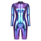 Metallic purple and blue faux leather bodysuit with a high-shine finish, long sleeves, and a front zipper closure.