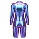 Back view of a metallic purple faux leather bodysuit with a high-shine finish and long sleeves.
