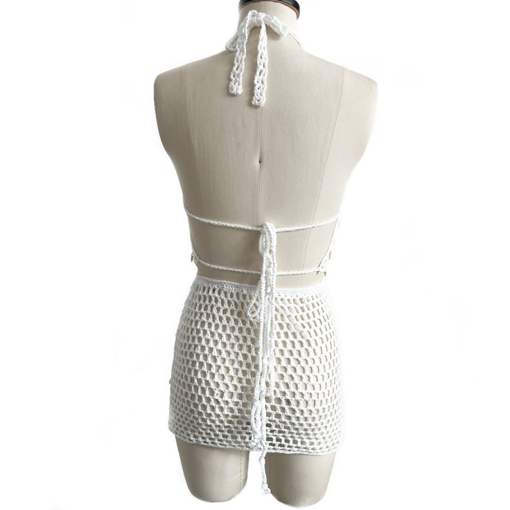 halter sleeveless top and skirt set back-view in white crochet design