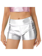 Silver holographic low-rise hot shorts with a wide elastic waistband, paired with a pink metallic crop top.