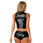 Model with Black Holographic Crop Top and Short Set