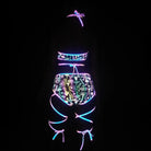 back-view holographic reflective bikini set with colorful patterns glowing in dark