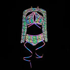 holographic reflective bikini set close-up of colorful rainbow iridescent design on black background