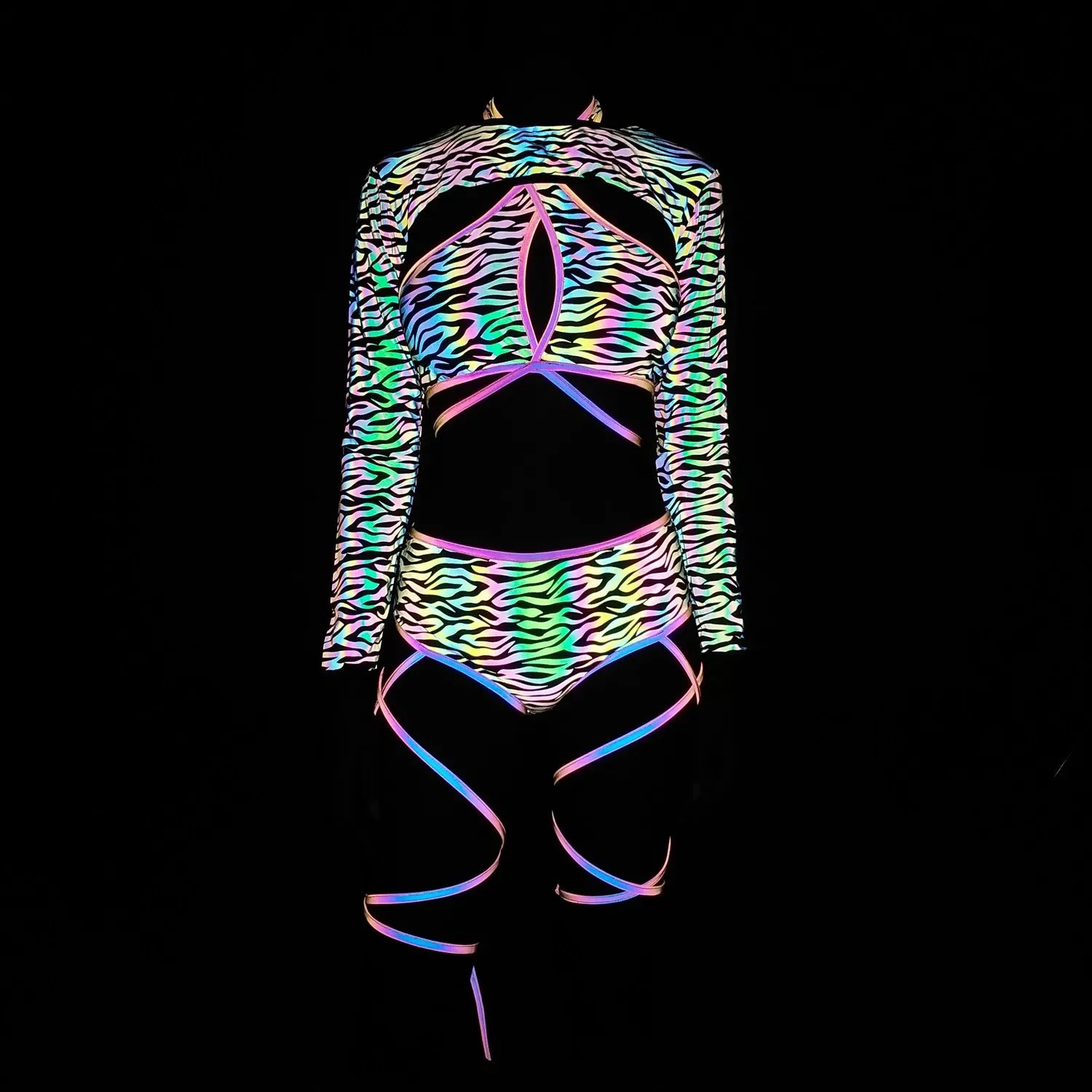 holographic reflective bikini set close-up of colorful rainbow iridescent design on black background