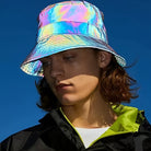 Holographic Reflective Bucket Hat worn by model, showcasing vibrant colors and stylish design.
