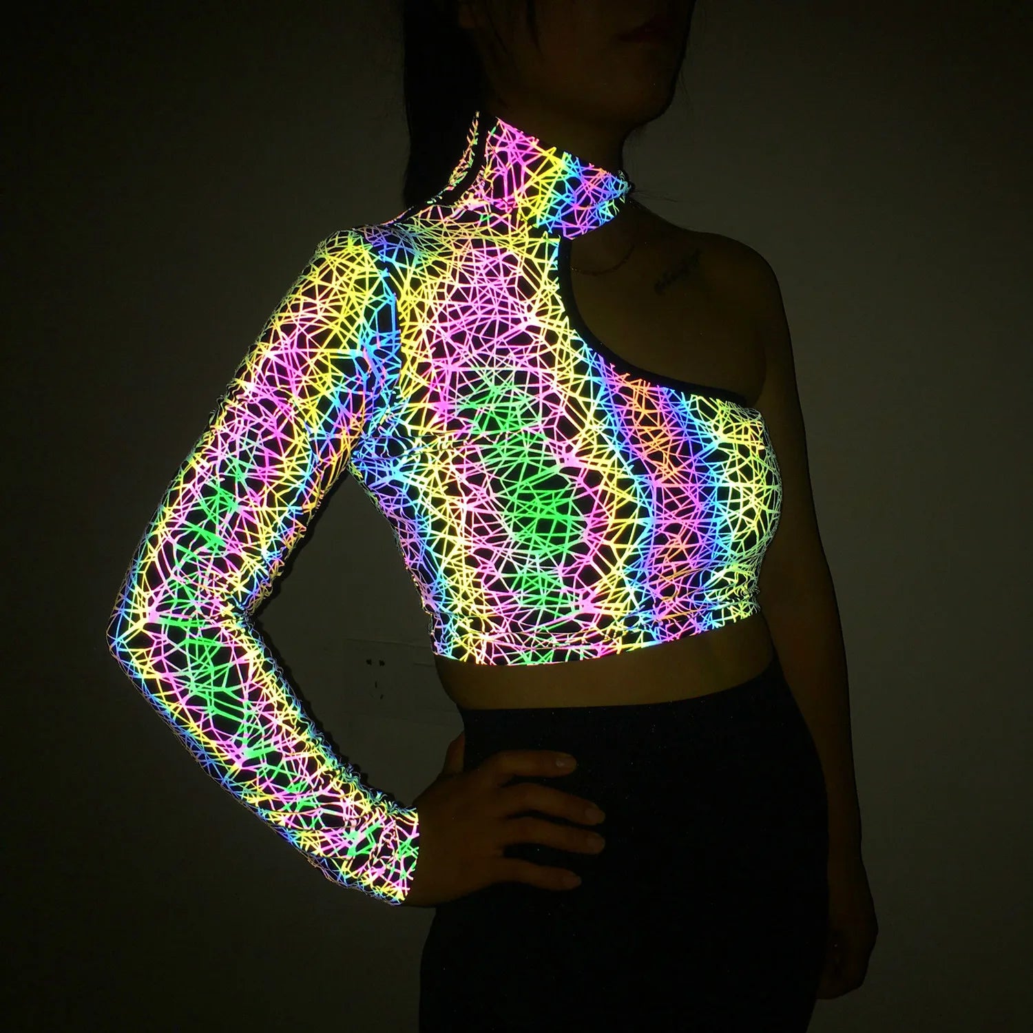 Holographic Reflective One Shoulder Crop Top