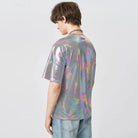 Back view of a Holographic Reflective T-Shirt showcasing its dazzling iridescent design.