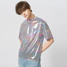 Holographic Reflective T-Shirt showcased on a male model, displaying dazzling iridescent colors.