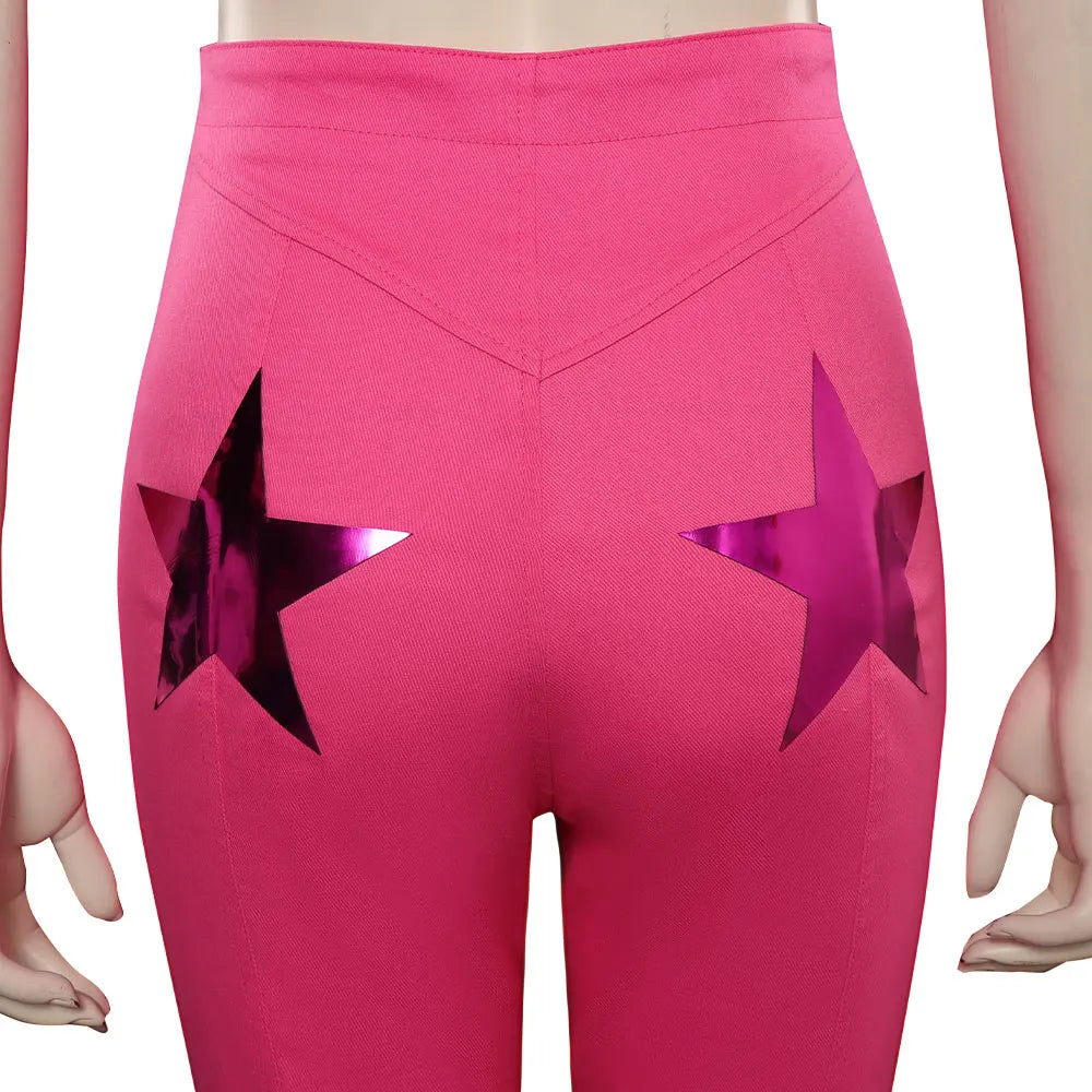 Close-up of Kaia Fuchsia Star Costume Set's high-waist flared pants with metallic star cutouts.