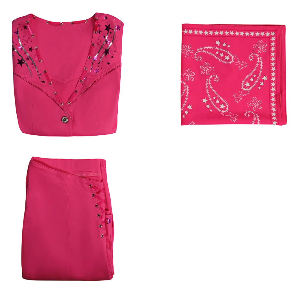 Fuchsia Kaia Star Costume Set: cropped lace-up vest, flared pants with side lacing, and paisley star bandana.