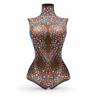 Sheer black mesh bodysuit with a high neckline, adorned with colorful, scattered rhinestones.