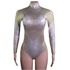 Rhinestone body met lange mouwen met fonkelende zilveren rhinestones en een strak ontwerp voor een opvallende uitstraling.