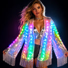 Iridescent sequin fringe jacket featuring integrated multi-color LED lights and a remote-controlled lighting system.