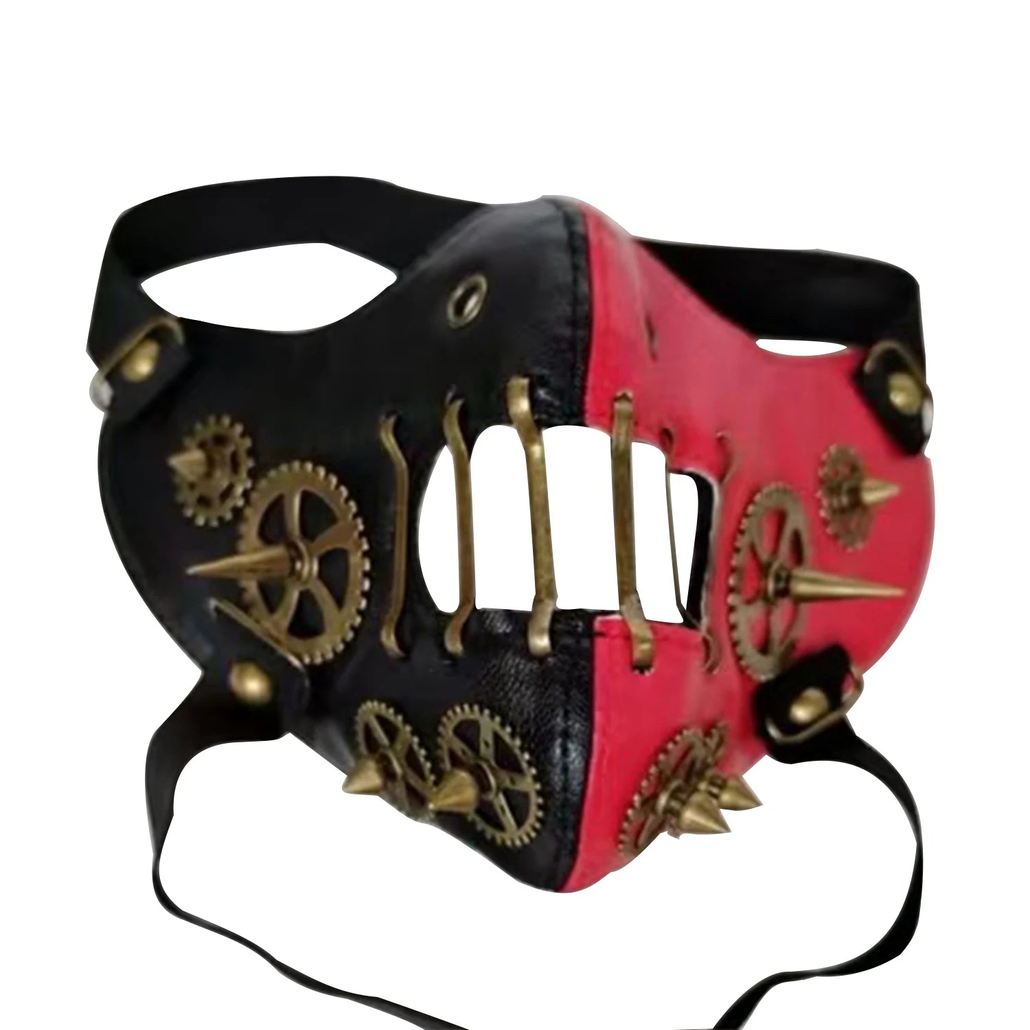 close-up leren steampunk gezichtsmasker rood en zwart met koperen tandwielen en stekels