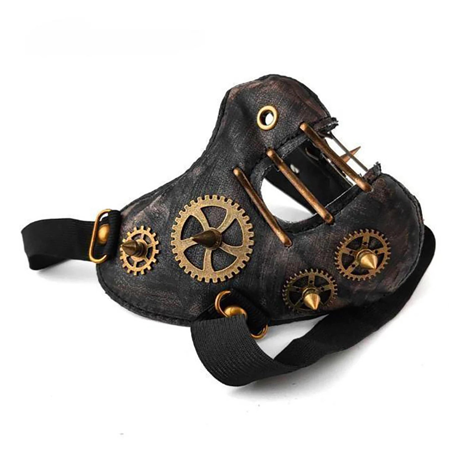 masque facial steampunk en cuir intégral avec engrenages et pointes en noir et détails dorés