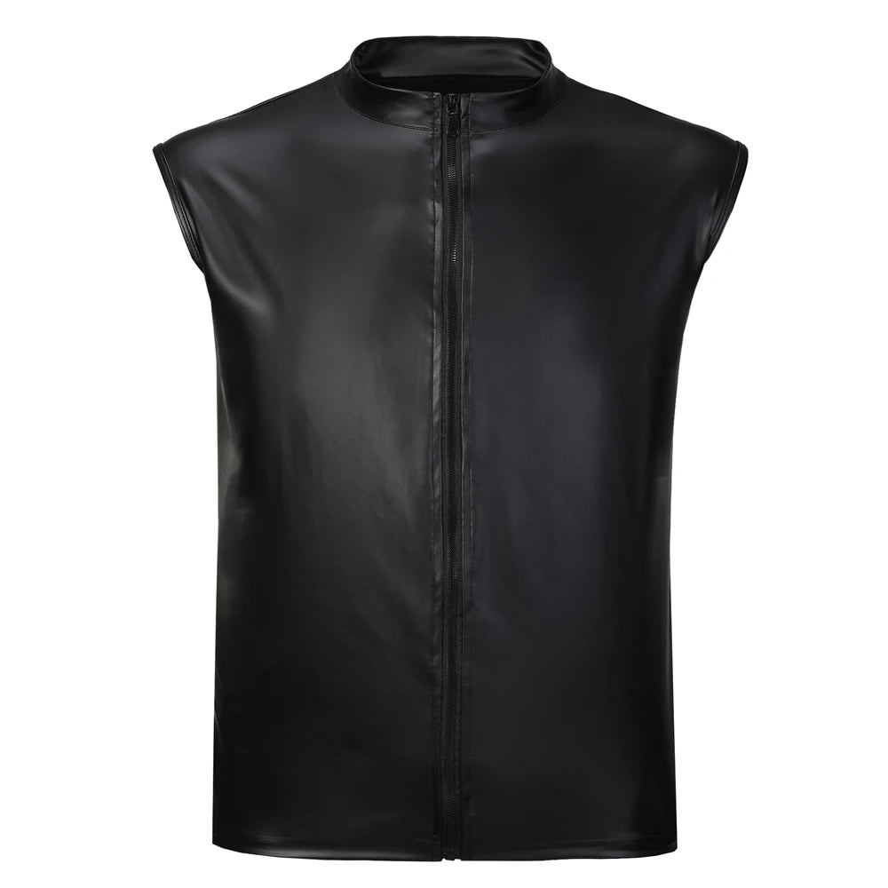 Leather Vest T-Shirt in black faux leather with a zip front, perfect for festivals and everyday wear.