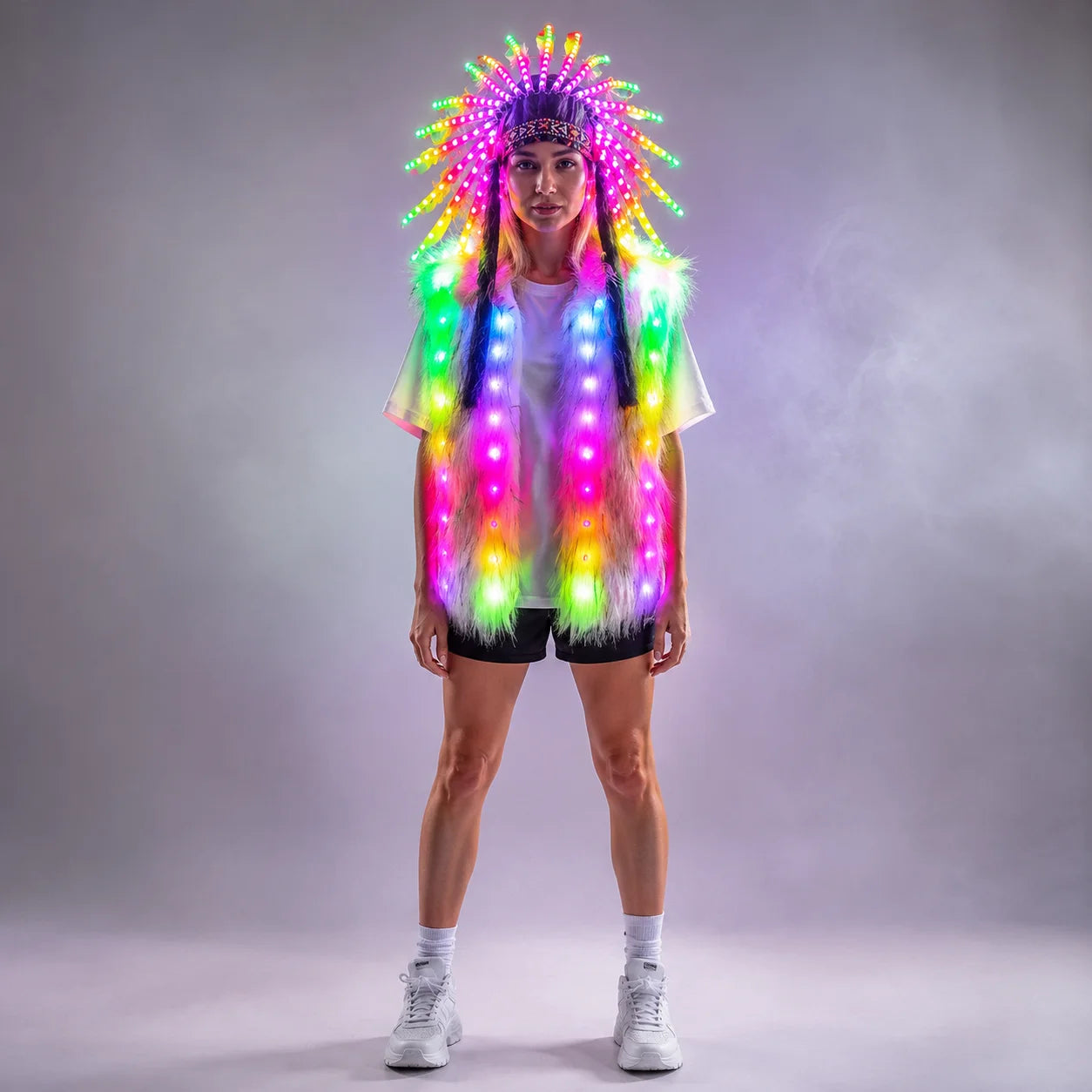 Model wearing a remote-controlled LED faux fur vest and matching feathered headdress with vibrant multi-color lighting.