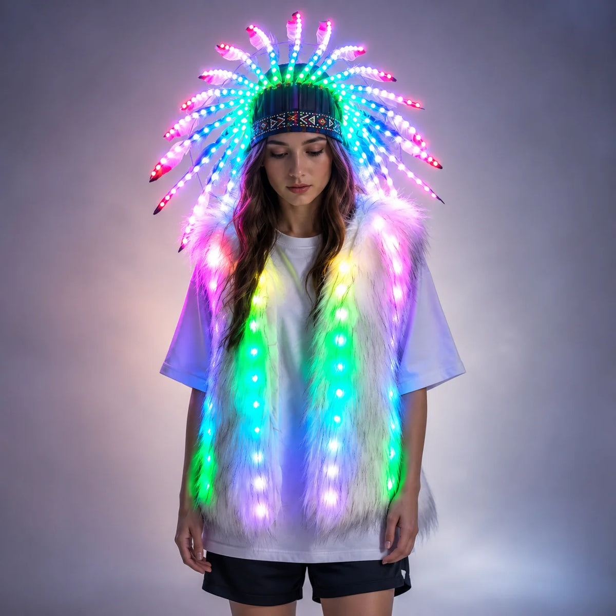 Model wearing a white faux fur vest and feathered headdress with remote-controlled, multi-color LED lighting.