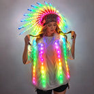 Model wearing a plush faux fur vest and feathered headdress featuring vibrant, remote-controlled LED lighting effects.