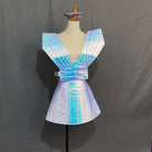 Futuristic iridescent LED dress with a structured bodice and pleated skirt on a mannequin.