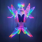 Futuristic LED visor costume with glowing multi-color lights, holographic acrylic panels, and remote-controlled lighting.
